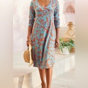 🌴Soft Surroundings Santiago Tropical Orange & Blue LongSleeves, Pockets Midi. M